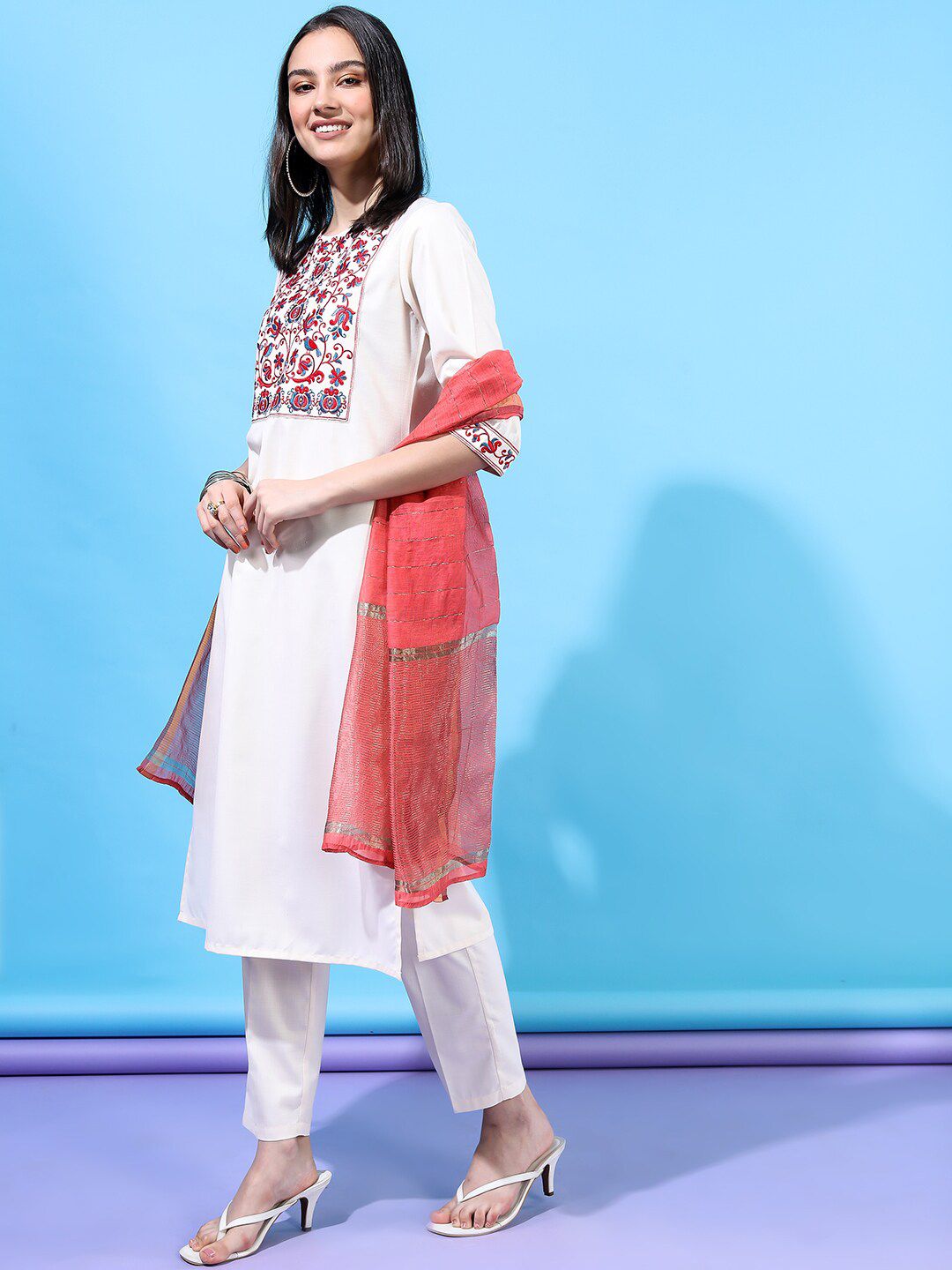 Vishudh Women Cream-Coloured Floral Yoke Design Straight Kurti With Trousers With Dupatta