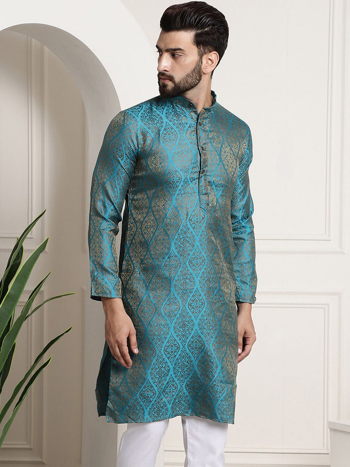 Sojanya Men Teal Blue & Golden Ethnic Motifs Jacquard Kurta