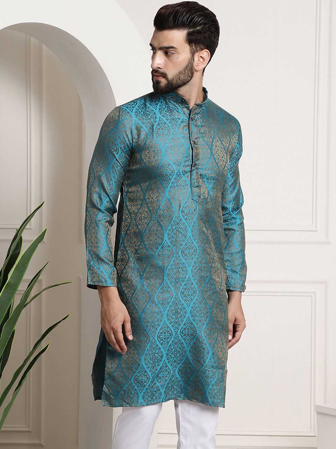 Sojanya Men Teal Blue & Golden Ethnic Motifs Jacquard Kurta