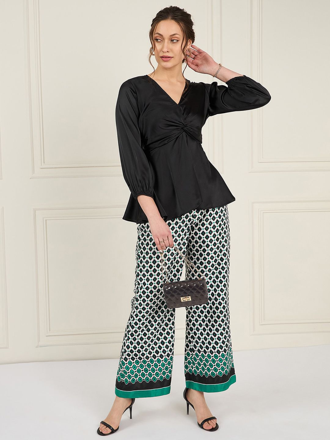 Antheaa Black V-Neck Puff Sleeves Satin Top With Printed Palazzos