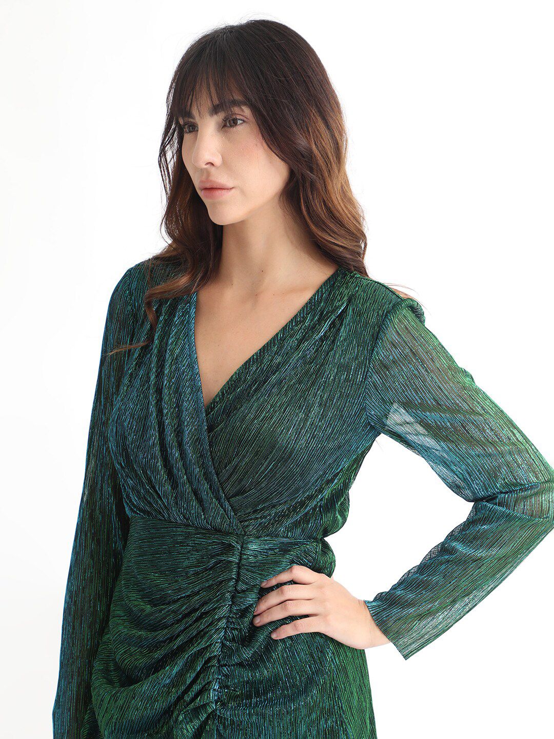 RAREISM V-Neck Long Sleeves Shimmer Wrap Midi Dress