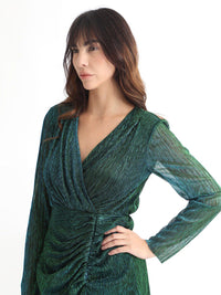 RAREISM V-Neck Long Sleeves Shimmer Wrap Midi Dress