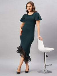 Antheaa Green Flared Sleeve Ruffled Bodycon Midi Dress
