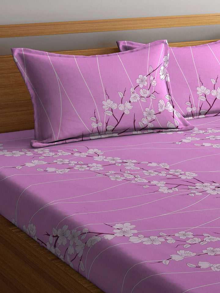 KLOTTHE Purple & White Floral Pure Cotton 400 TC Double King Bedsheet With 2 Pillow Covers