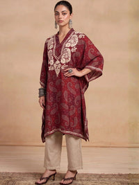 House of Chikankari Women Paisley Printed Thread Work Crepe Kaftan Kurta