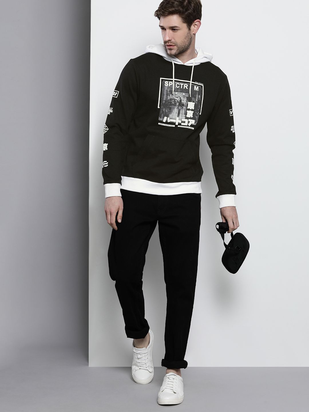The Indian Garage Co Men Black Printed Hooded Sweatshirt