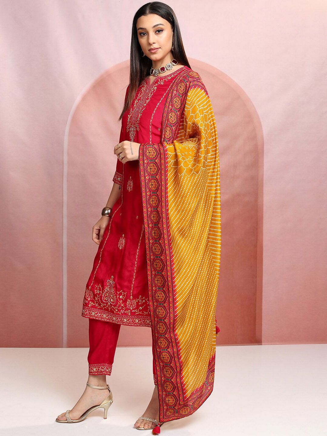 Vishudh Red Ethnic Motifs Embroidered Sequinned Straight Kurta With Trousers & Dupatta