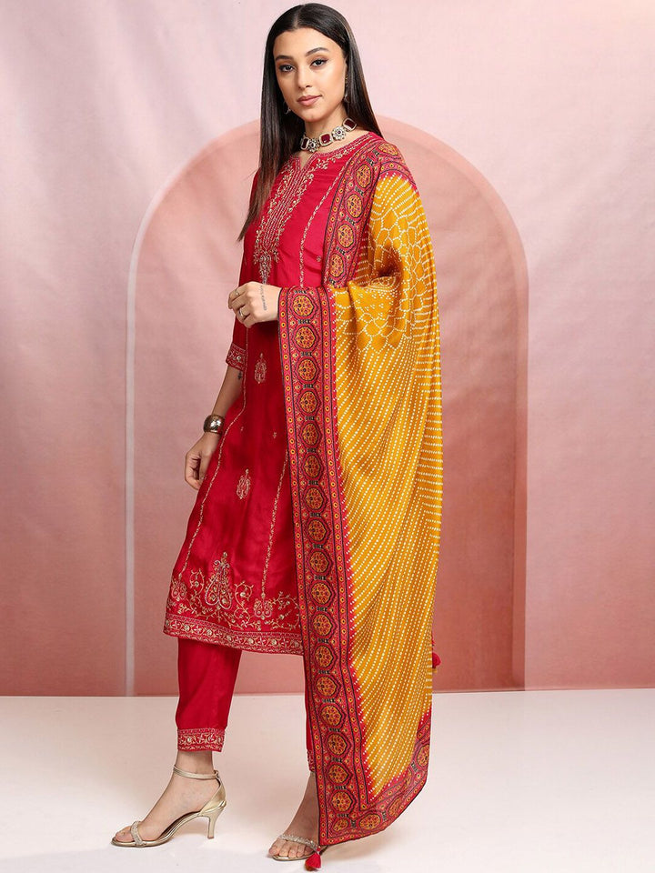 Vishudh Red Ethnic Motifs Embroidered Sequinned Straight Kurta With Trousers & Dupatta