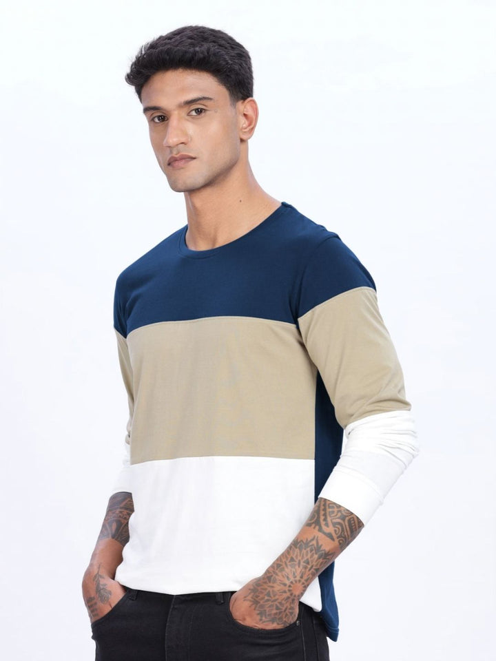 ADRO Men Colourblocked Round Neck Cotton T-shirt
