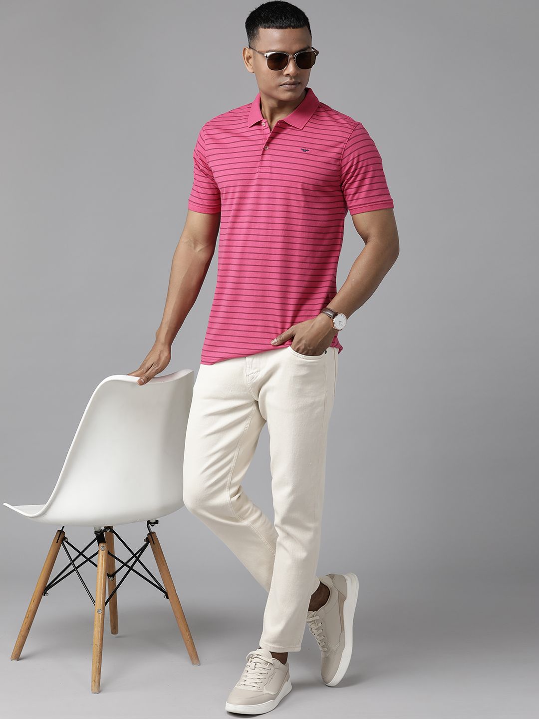 Park Avenue Men Striped Polo Collar Slim Fit T-shirt