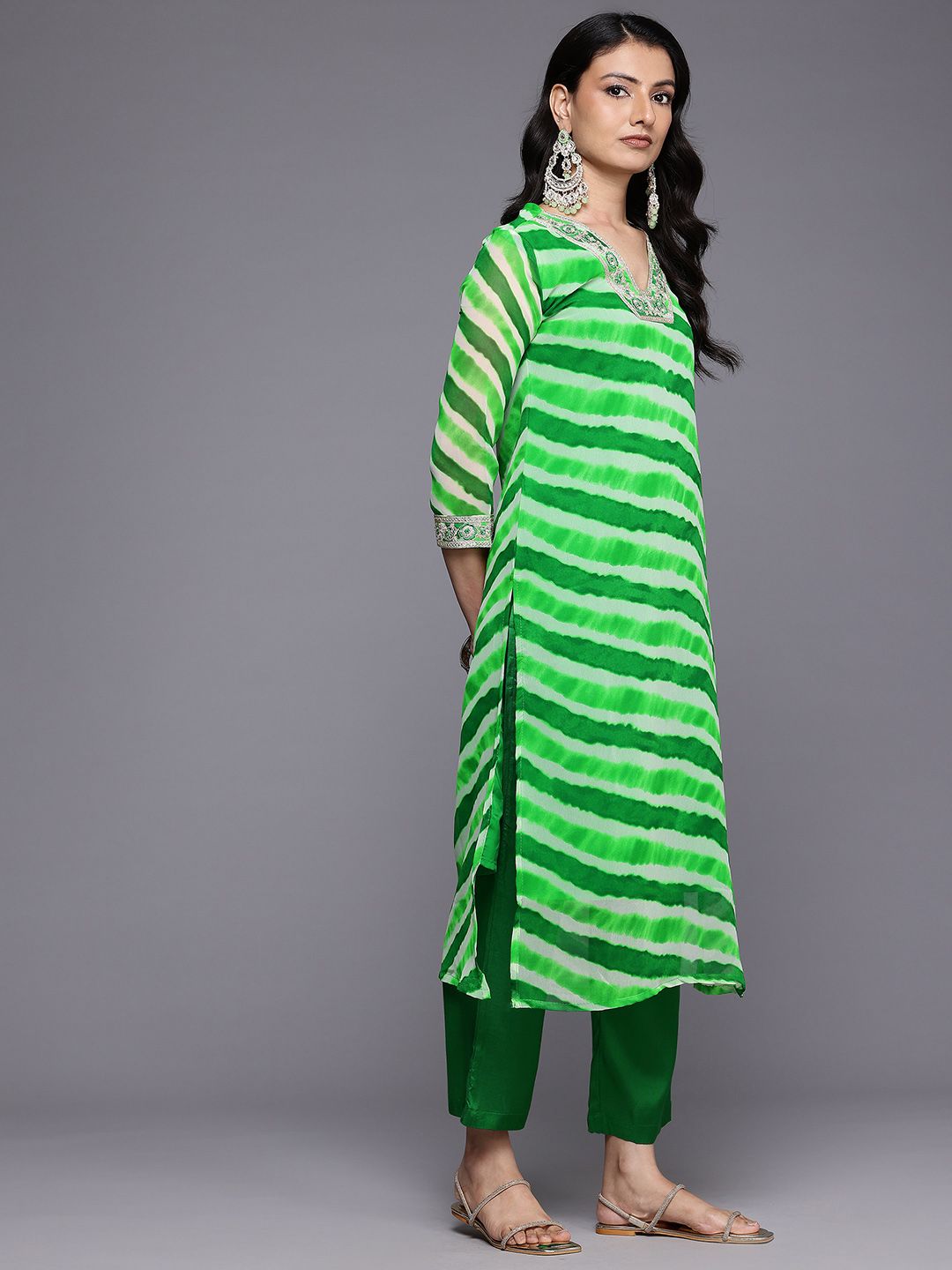 Varanga Leheriya Printed Sequinned Kurta With Trousers & Dupatta