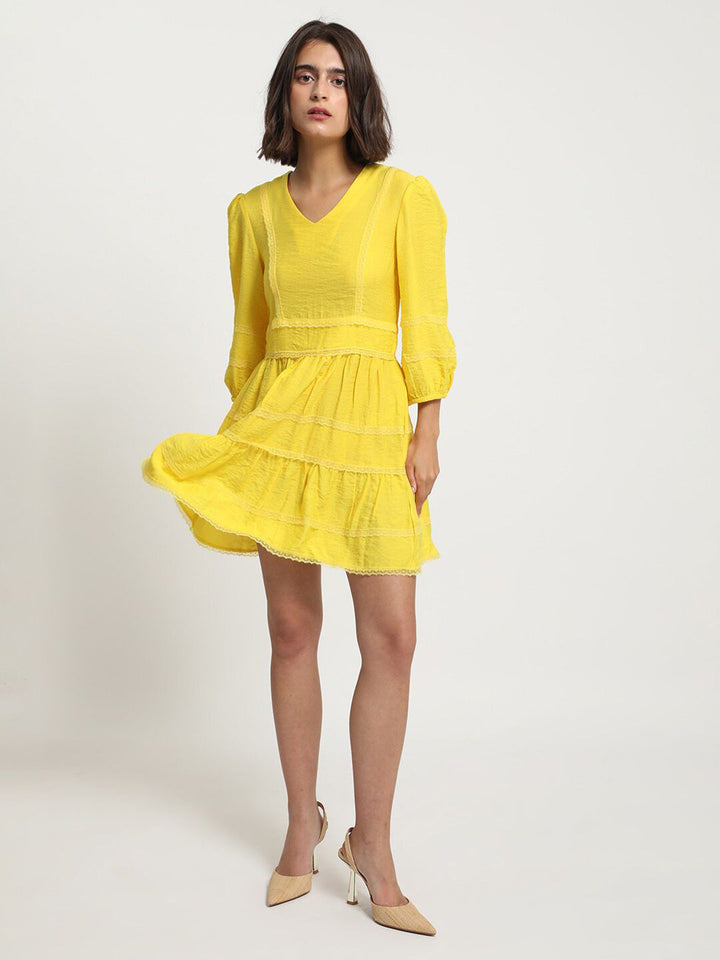 RAREISM V-Neck Puff Sleeves Lace Inserts Cotton Fit & Flare Dress
