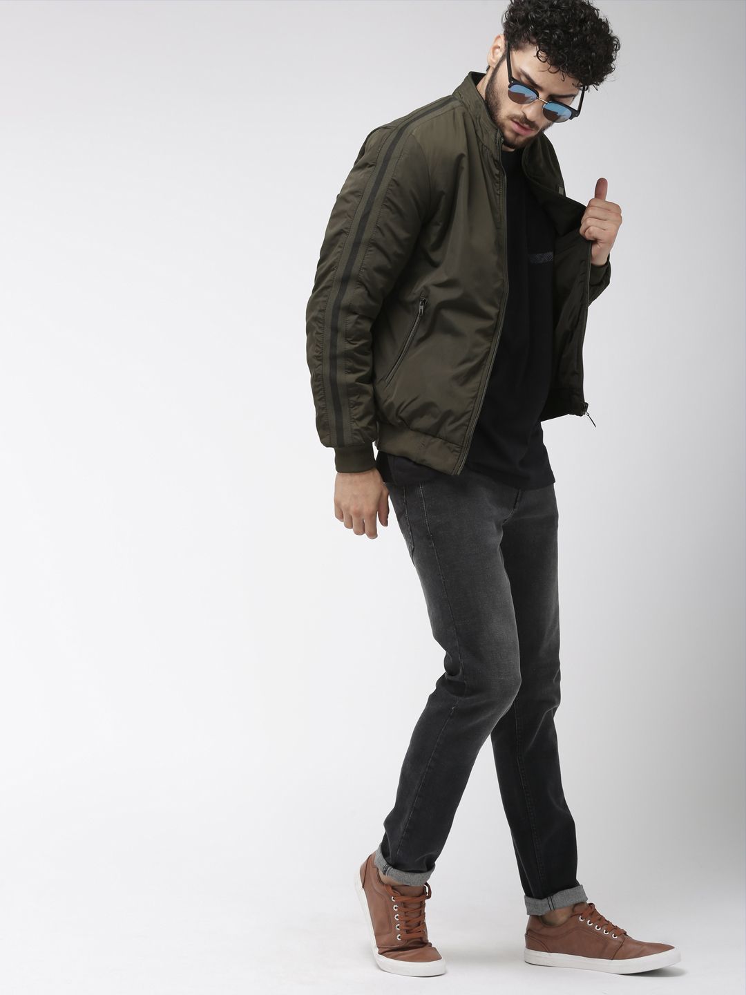 The Indian Garage Co Men Olive Green& Black Solid Reversible Bomber Jacket