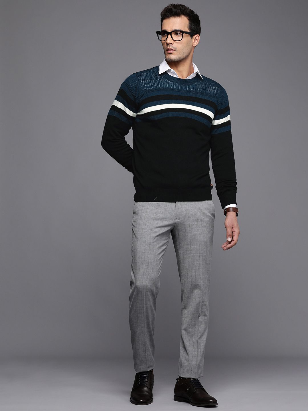 Raymond Men Black & White Striped Round Neck Long Sleeves Pullover