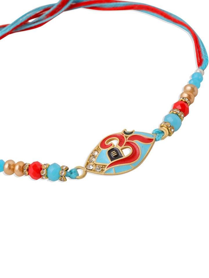 NVR Unisex Red & Blue Artificial Stones and Beads Om Thread Rakhi With Roli Chawal
