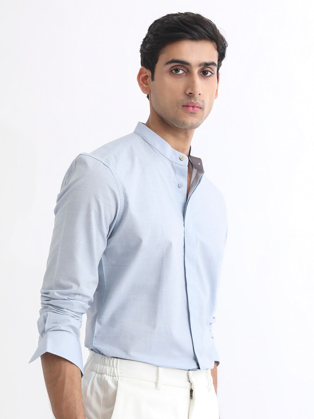 RARE RABBIT Men Cadmi Mandarin Collar Slim Fit Cotton Shirt