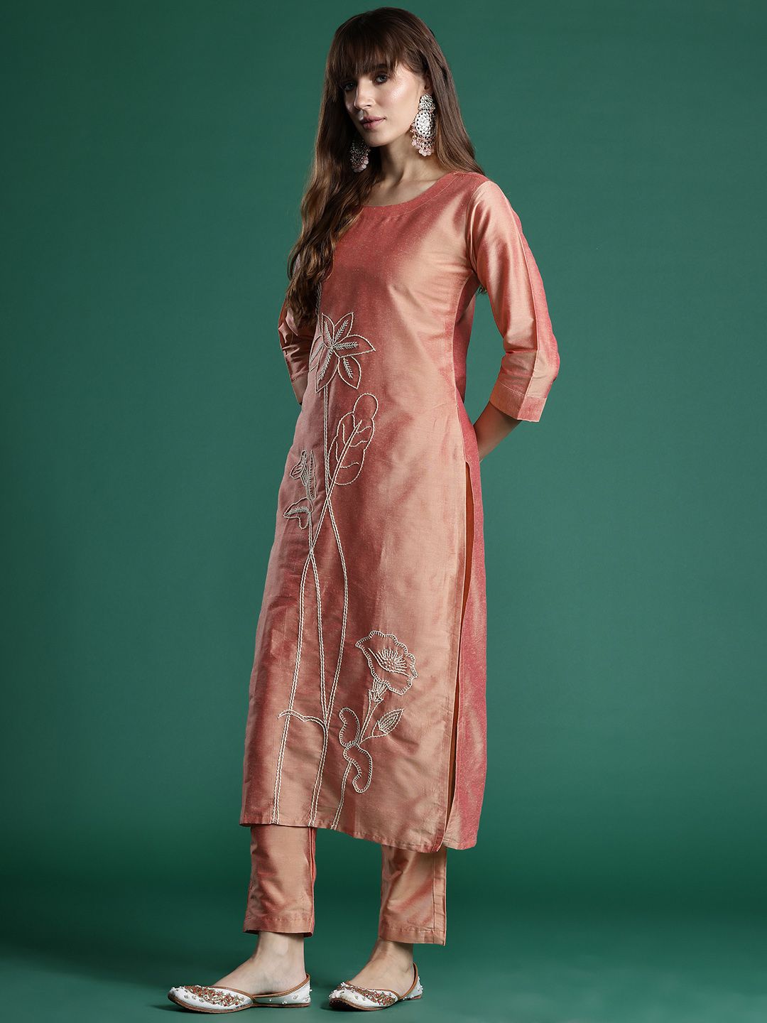 Indo Era Floral Embroidered Thread Work Kurta with Trousers
