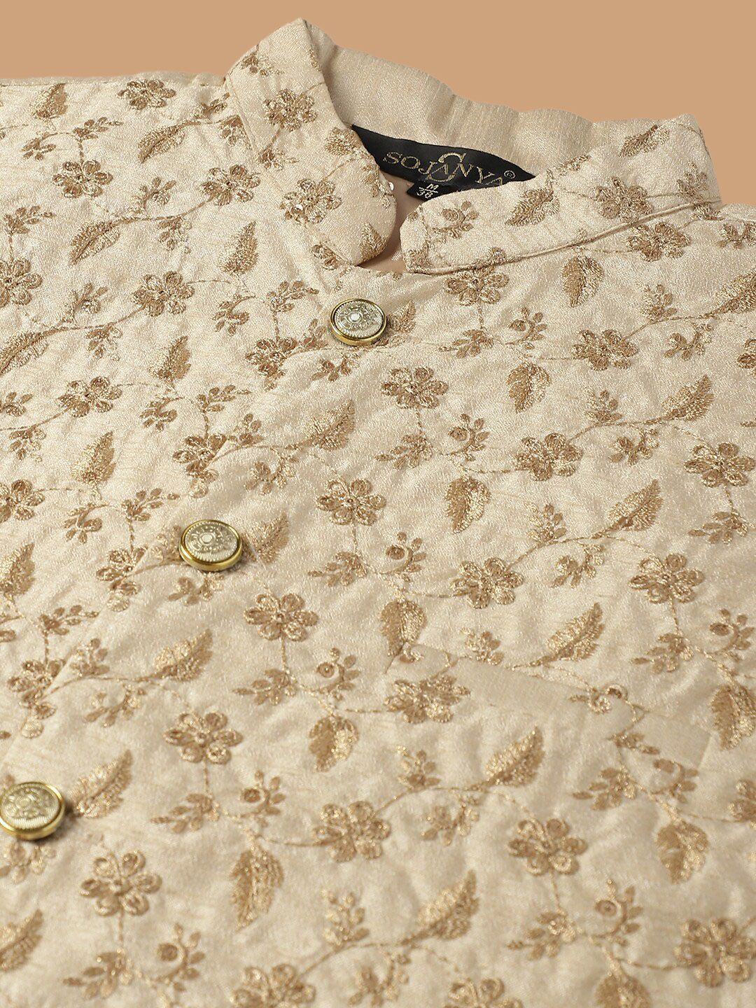 SOJANYA Embroidered Sequinned Pure Cotton Kurta with Churidar & Embroidered Nehru Jacket