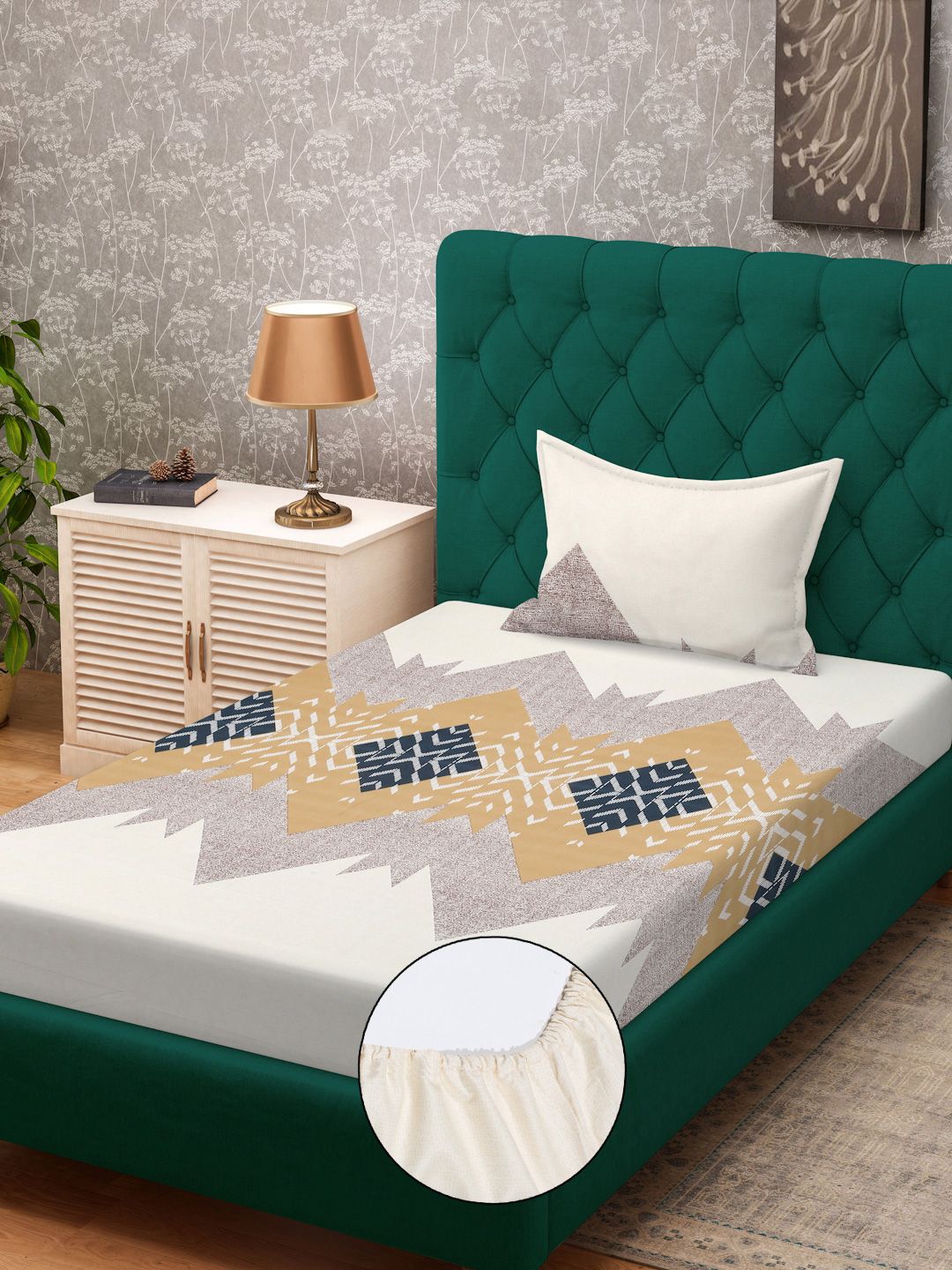 KLOTTHE Coklat Geometric Polycotton 300 TC Dilengkapi Cadar Single Halus dengan Sarung Bantal-89 x 59 inci