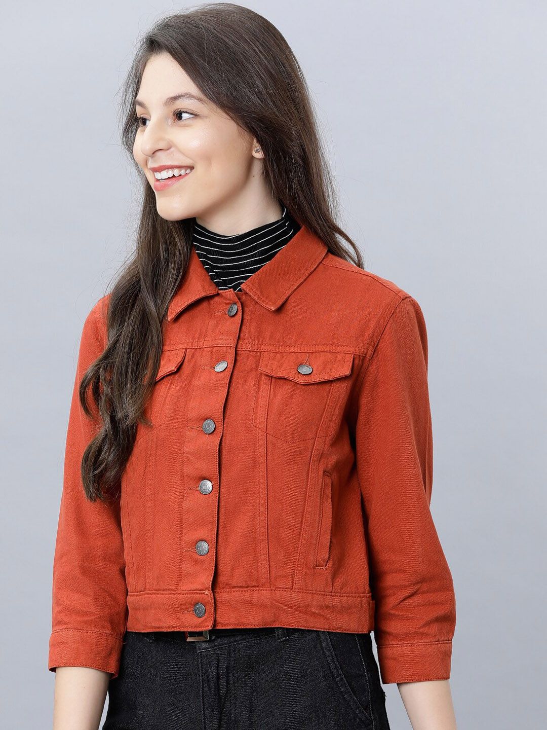 Tokyo Talkies Women Rust Orange Solid Cotton Crop Denim Jacket