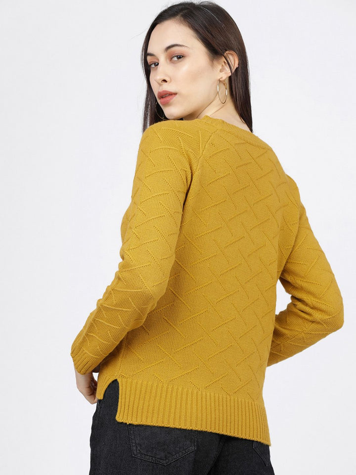 Tokyo Talkies Women Mustard Self Design Sweater