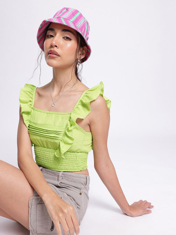 DressBerry Smocking Chic Ruffled Pleated Crop Top