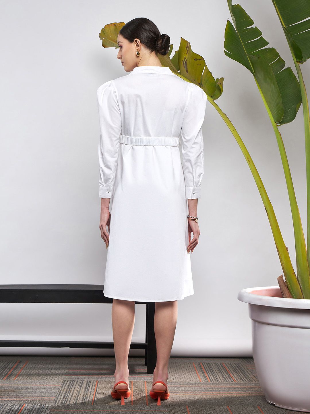 SASSAFRAS White Puff Sleeve Belted Shirt Style Midi Dress
