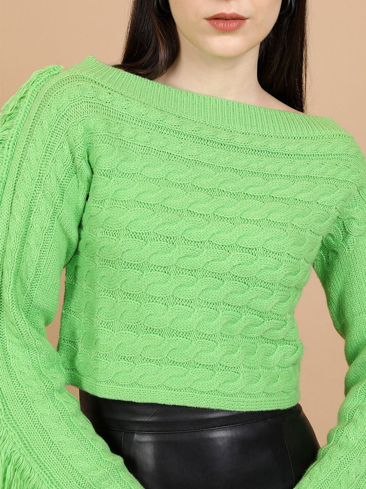 Tokyo Talkies Green Cable Knit Self Design Boat Neck Fringed Acrylic Crop Pullover Sweater