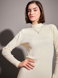SASSAFRAS Off White Self Design High Neck Sheath Dress