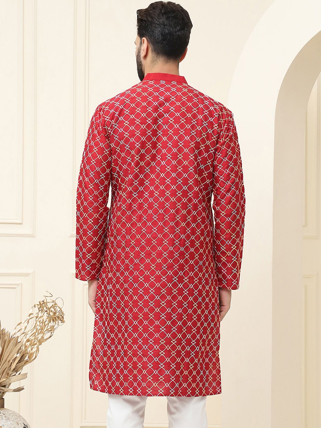 SOJANYA Geometrik Sulam Benang Kerja Sutera Cotton Kurta