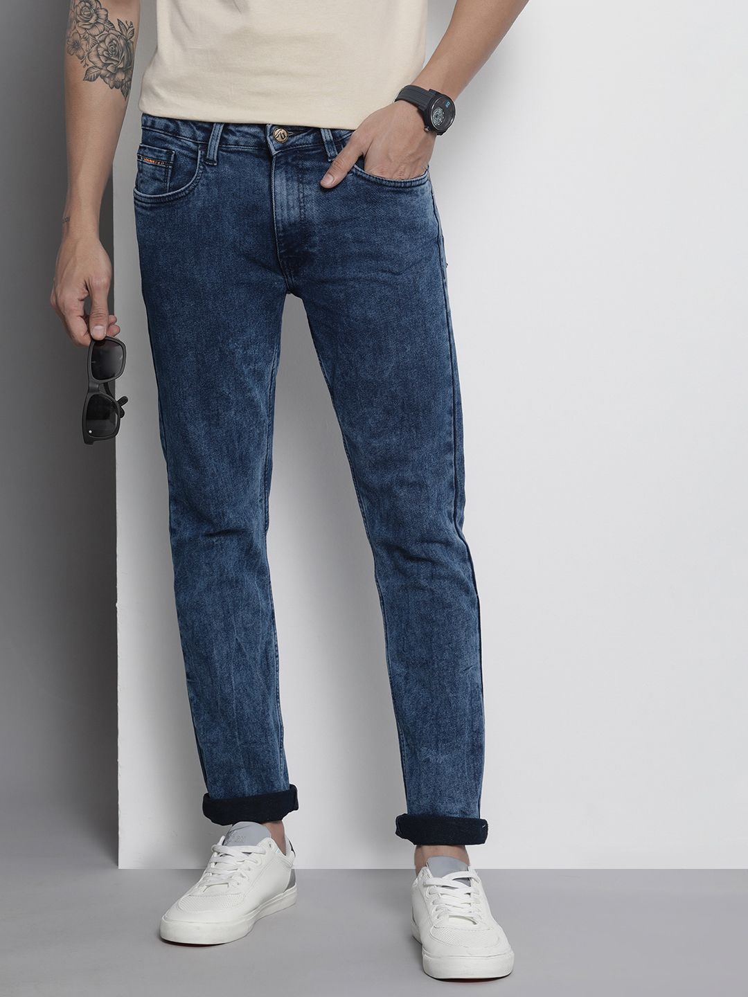 The Indian Garage Co Men Navy Blue Slim Straight Fit Light Fade Stretchable Jeans