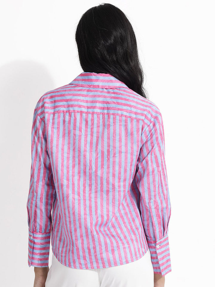 RAREISM Shirt Collar Long Sleeves Striped Cotton Top