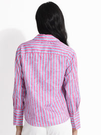 RAREISM Shirt Collar Long Sleeves Striped Cotton Top