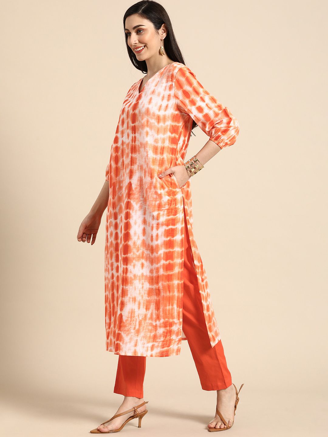 Anouk Women Orange Dyed Pure Cotton Kurta with Trousers
