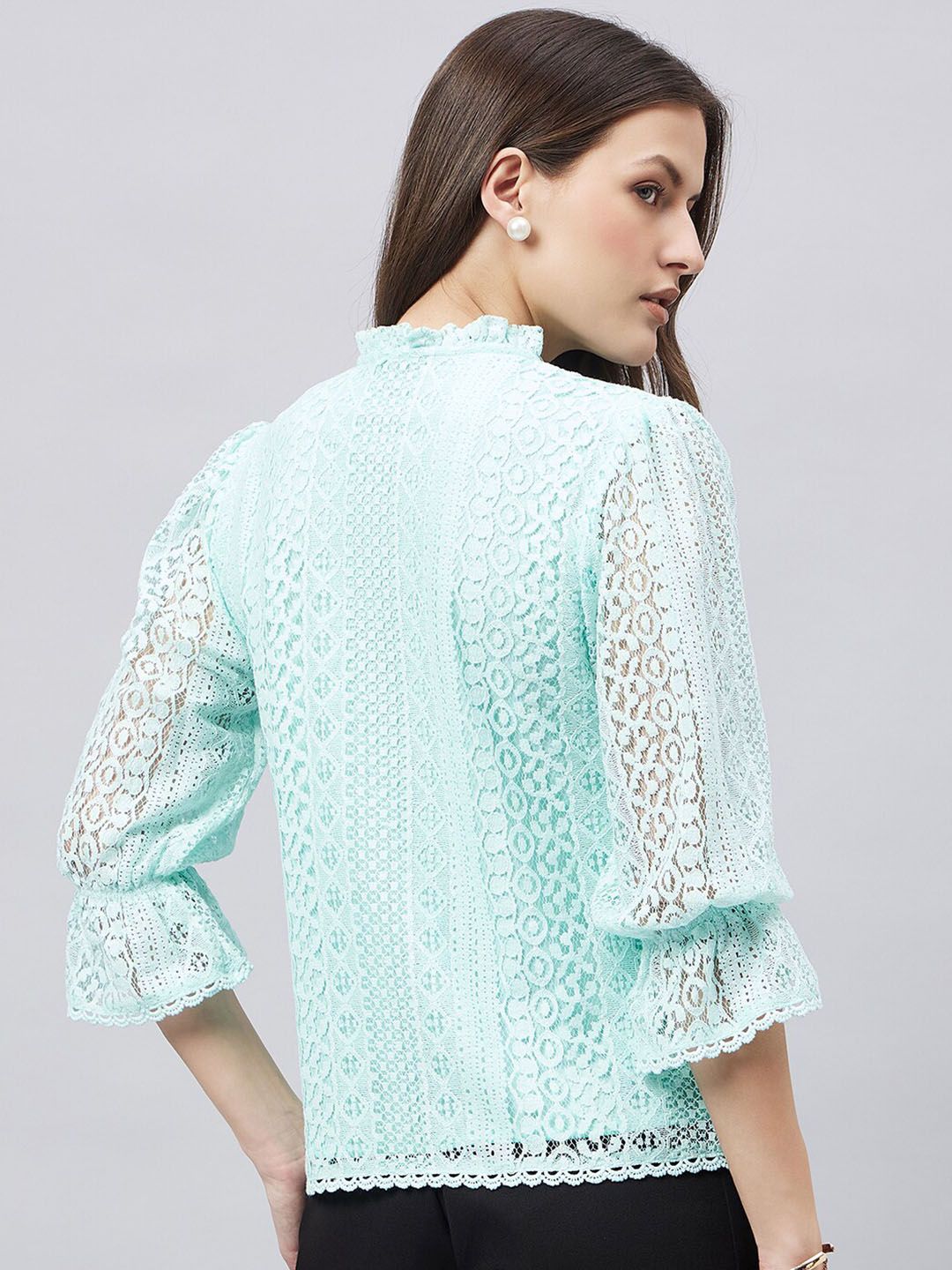 Style Quotient Tie-Up Neck Bell Sleeve Cotton Lace Top