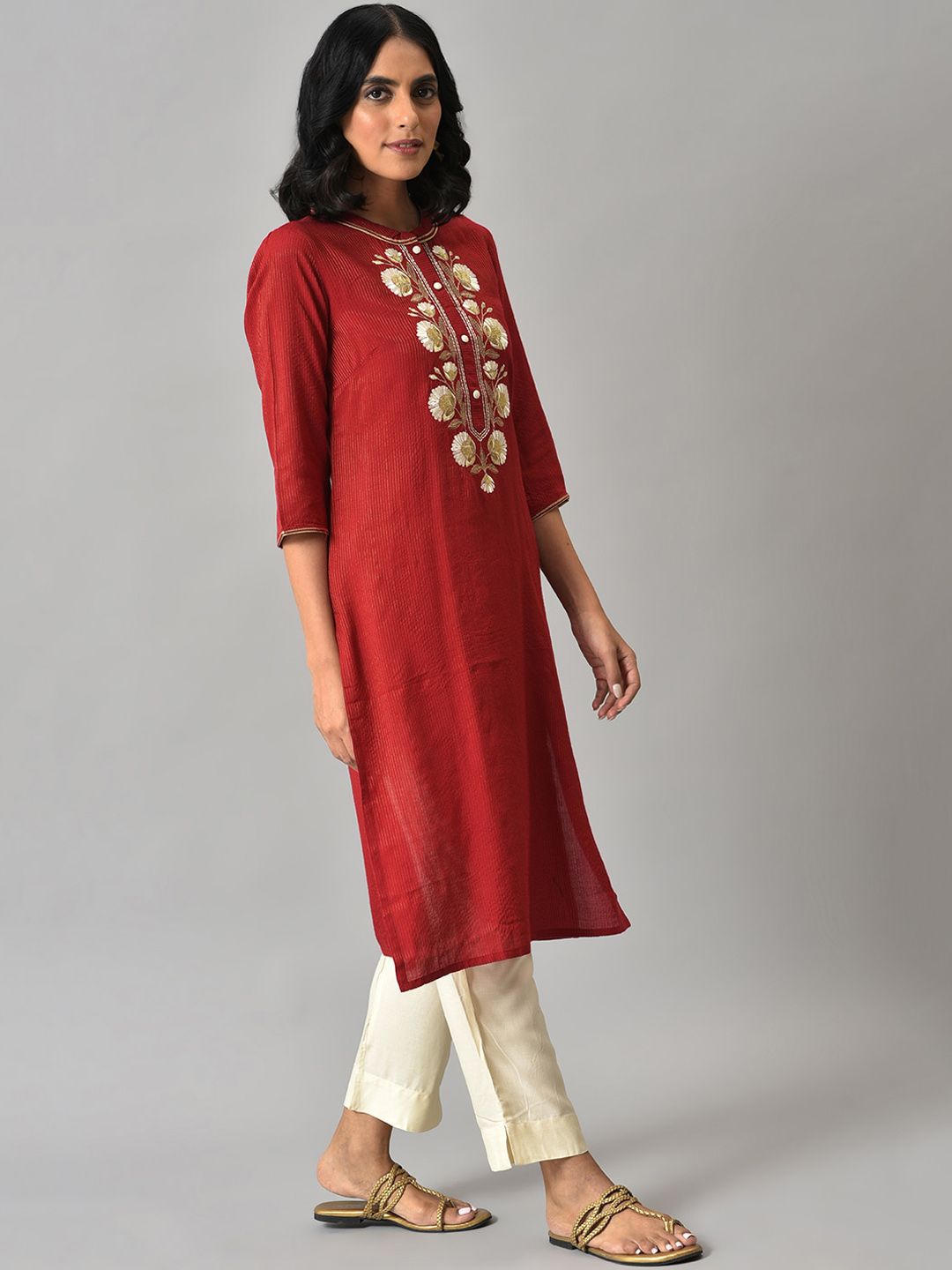Aurelia Women Red Striped Viscose Kurta Set with Trousers