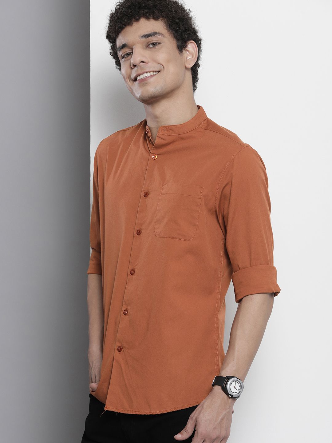 The Indian Garage Co Men Rust Orange Solid Cotton Casual Shirt