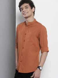 The Indian Garage Co Men Rust Orange Solid Cotton Casual Shirt