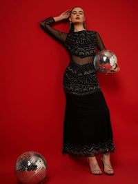 STREET 9 Embellished Sequinned Long Sleeves Net Maxi Dress