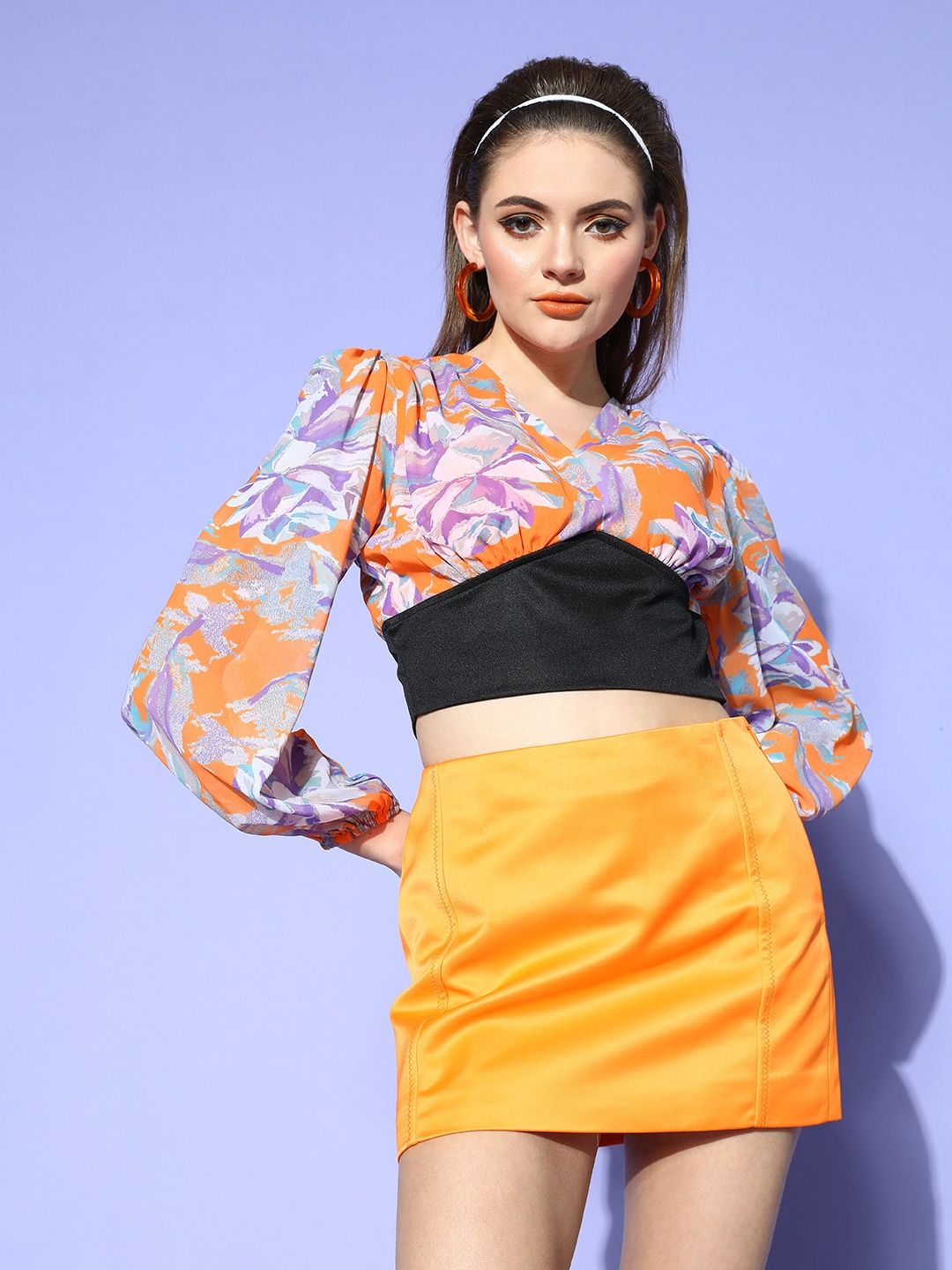 SASSAFRAS Orange & Purple Floral Print Georgette Crop Top
