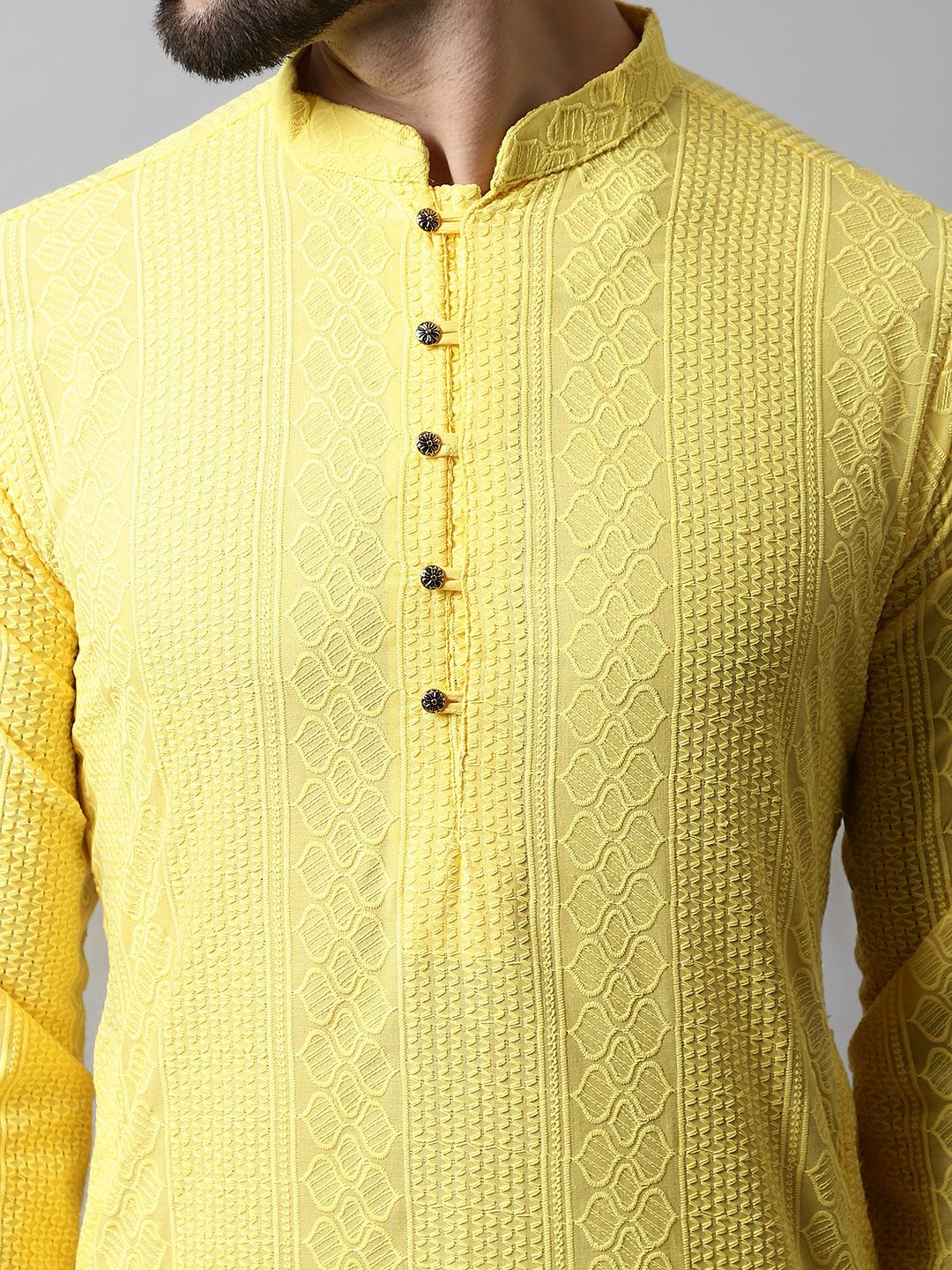 Jompers Men Yellow Thread Work Floral Kurta