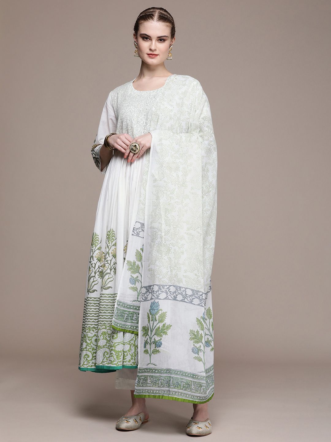 Anouk Women Ethnic Motifs Yoke Design Pleated Pure Cotton Kurta with Trousers & Dupatta