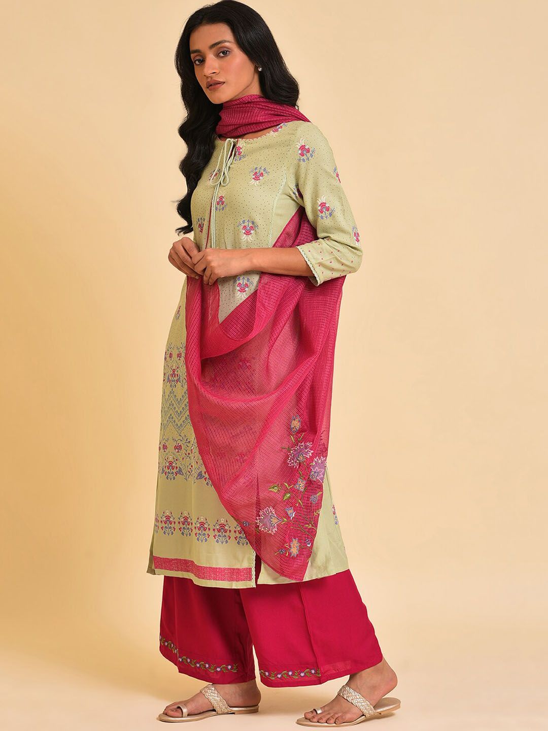 W Green & Pink Floral Printed Sequined Kurta with Palazzos & Dupatta