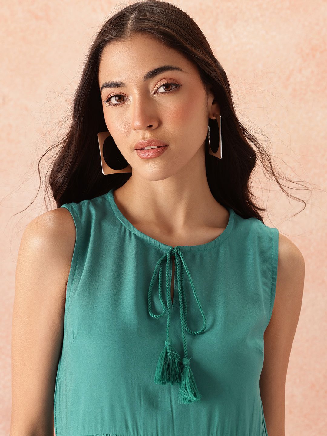 all about you Tie-Up Neck A-Line Tiered Midi Dress