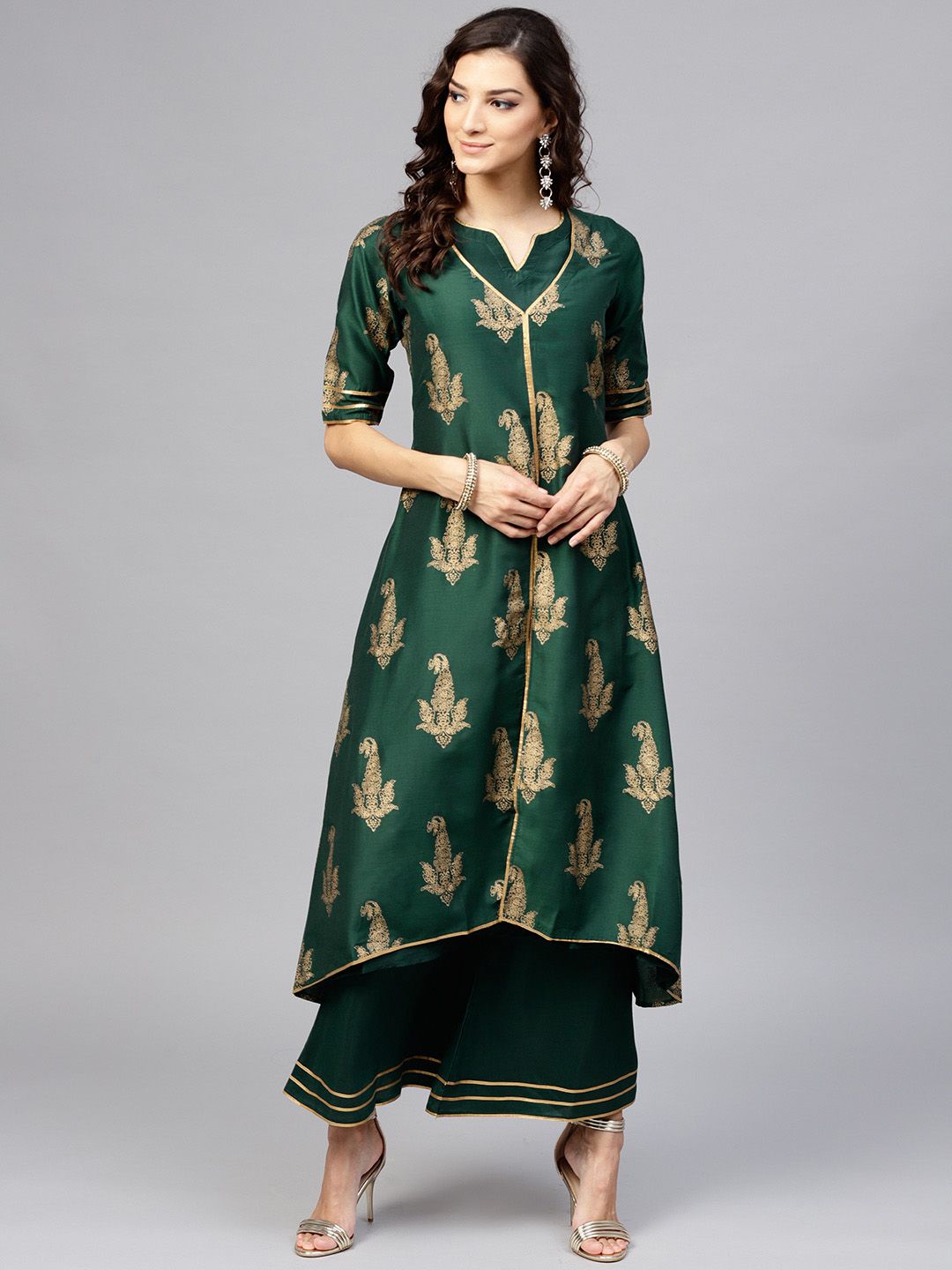 Libas Women Green & Golden Block Print Layered Kurta with Palazzos