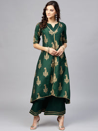 Libas Women Green & Golden Block Print Layered Kurta with Palazzos