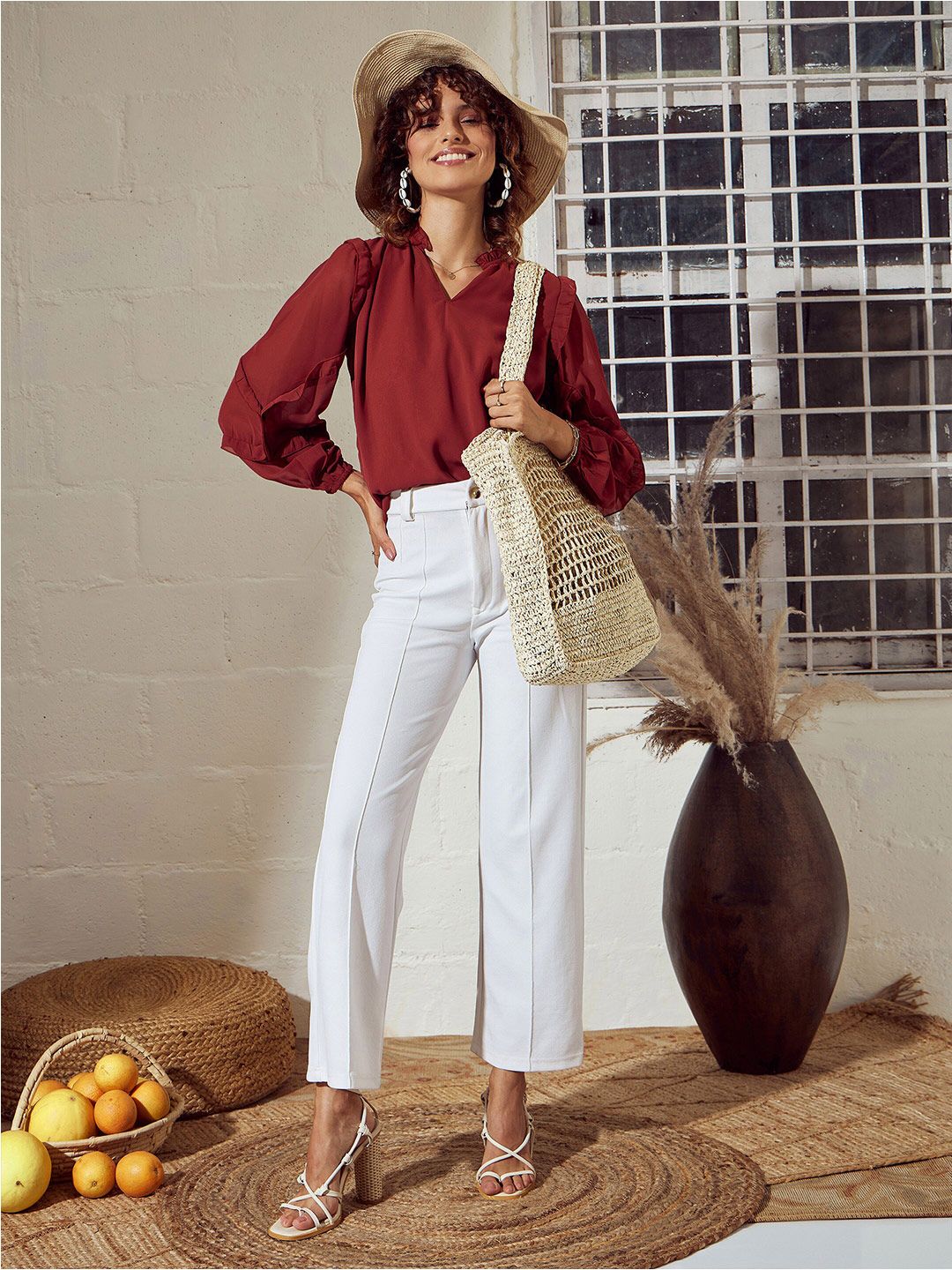 SASSAFRAS Rust V-Neck Puff Sleeves Ruffled Top
