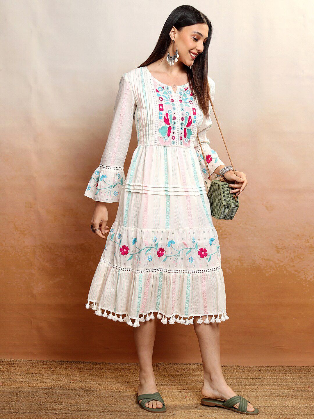 Vishudh White & Pink Floral Embroidered Cotton Fit & Flare Midi Dress