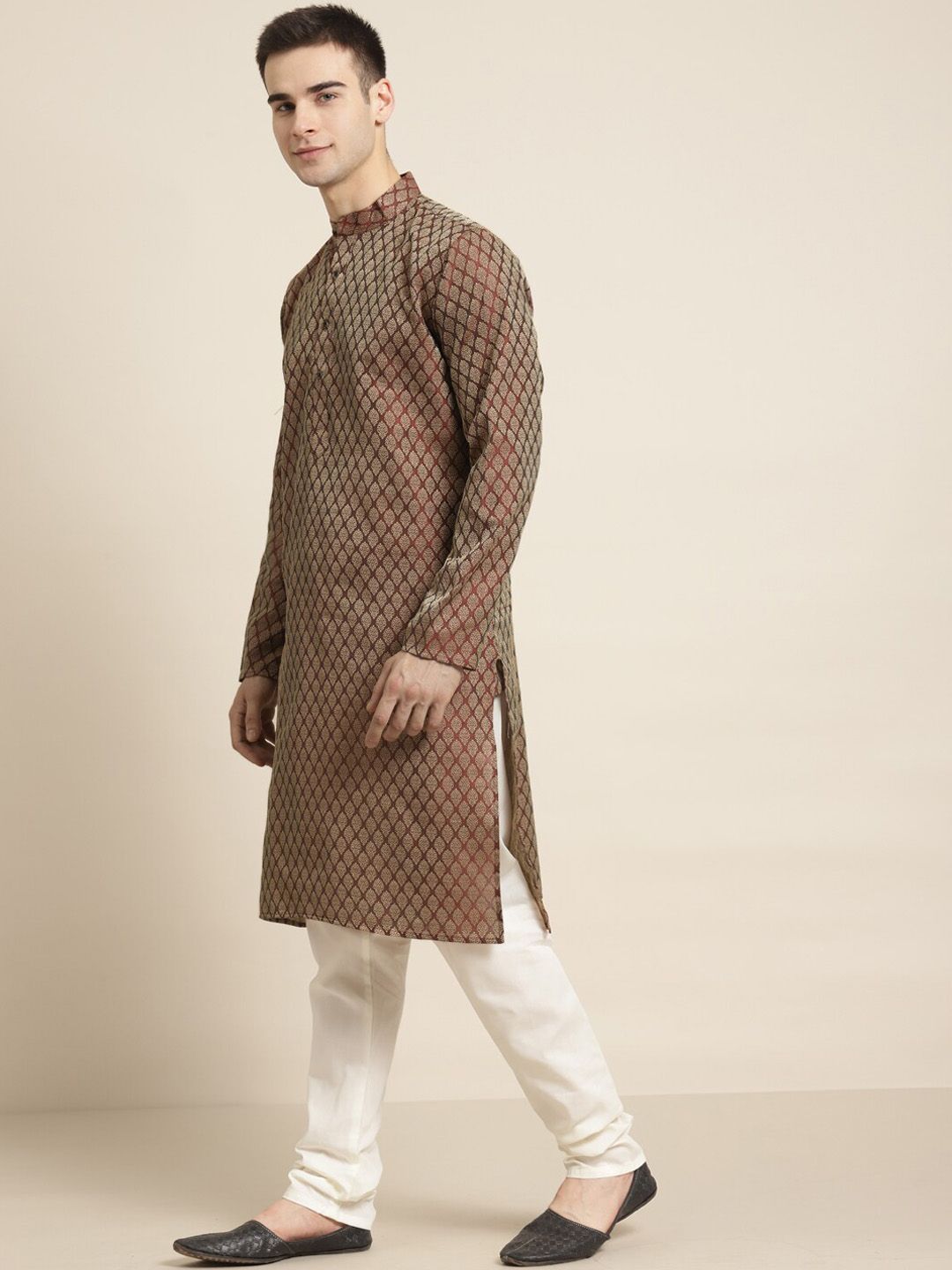 SOJANYA Motif Etnik Rekaan Tenunan Kurta Lurus Kolar Mandarin Dengan Churidar