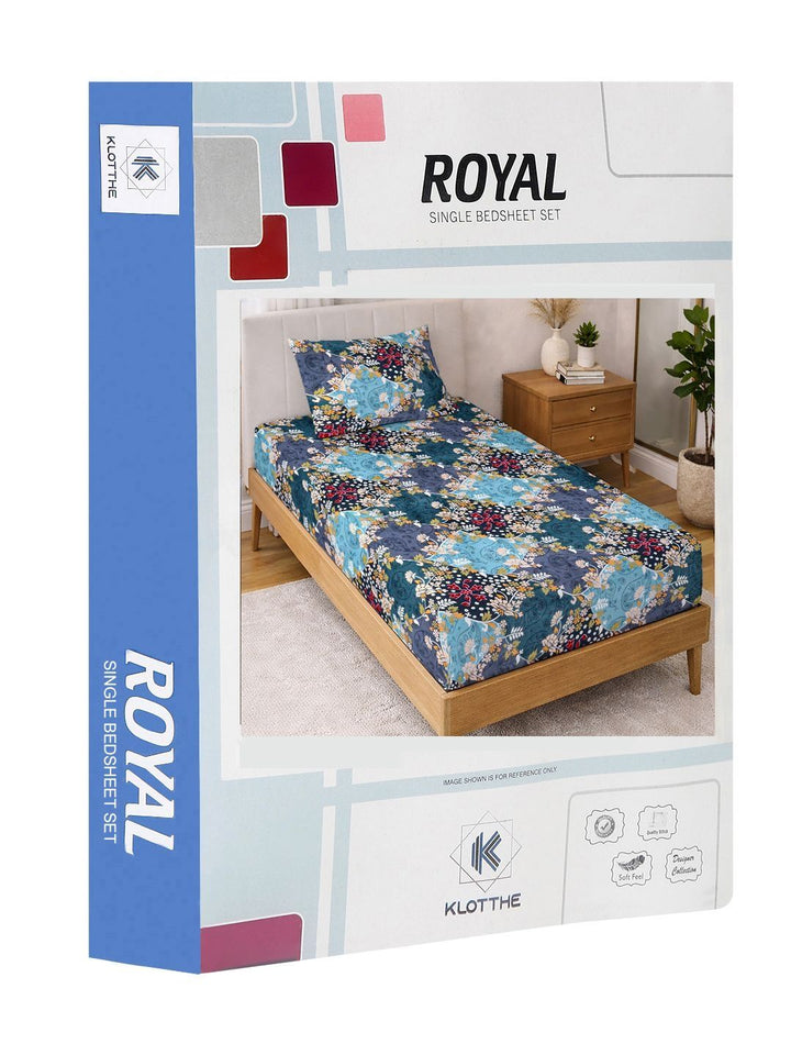 KLOTTHE Blue Floral Printed 300 TC Single  Bedsheets
